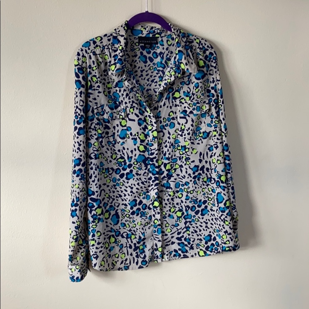 Colorful Tiger Animal Print Button Down Size X Large Attention Grey Blue Green